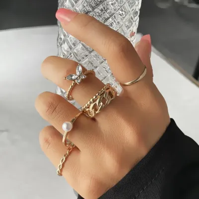 Golden Chain Design Pearl Butterfly Knuckle Rings